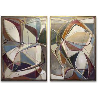 PAIR ‘String Theory Symphony’ Oil & Acrylic on Board in Antique Gold Finish Shadow-Gap Tray Frames (B1133)