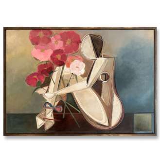 ‘Sitting Brunette Muse with Peonies’  Oil & Acrylic in Gold Leaf with Bronze Finish Shadow-Gap Tray Frame (B1138)