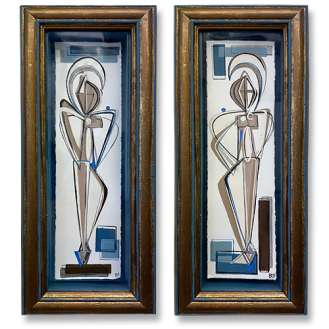 PAIR ‘Blue Muse Guardians’ L & R Study Gouache on Handmade/Hand Torn Paper behind Glass in Bespoke 1950s Italian Bronze and Blue Paint Presentation Box Frames (B1140)