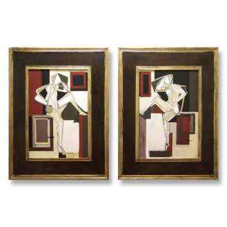 PAIR 'Male Left and Right Study' Oil & Acrylic on Board in Modern Frame in Bronze & Gold Finish (B539)