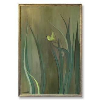 'Little Green Bird' Oil & Acrylic on Canvas in Gold Gilt Fame (B620)