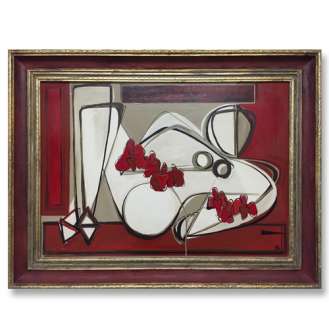 'Nude in Red Room with Trinity Orchids' Oil & Acrylic on Board in Gold and Red Frame (B621)