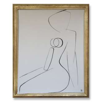 'Nude Pose' No.13 Gouache Linear on Handmade Paper in Gold Gilt Frame (B690)