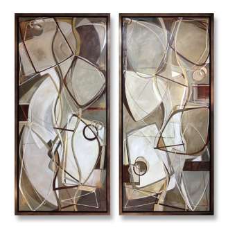 PAIR 'River Stones' Left & Right Study Oil & Acrylic on Canvas in Bronze Finish Tray Frame (B775)