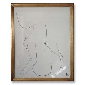 'Nude Pose' No.15 Gouache Linear on Handmade Paper in Gold Gilt Frame (B780)