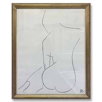 'Nude Pose' No.16 Gouache Linear on Handmade Paper in Gold Gilt Frame (B781)