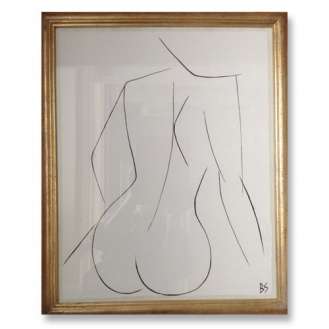 'Nude Pose' No.18 Gouache Linear on Handmade Paper in Gold Gilt Frame (B783)