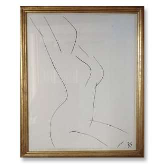 'Nude Pose' No.25 Gouache Linear on Handmade Paper in Gold Gilt Frame (B790)