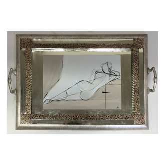 The ‘Petra’ Tray Gouache on Paper in Original Art Deco Mirror, Glass and Silver Leaf Dressing Room Tray (B916)