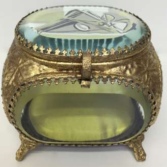 Treasure Box ‘Chartreuse Muse’ Gouache on Paper under Cut Glass in Gold Gilt Metal Box (B921)