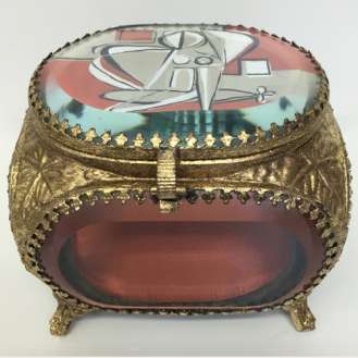 Treasure Box ‘Titian Muse’ Gouache on Paper under Cut Glass in Gold Gilt Metal Box (B922)