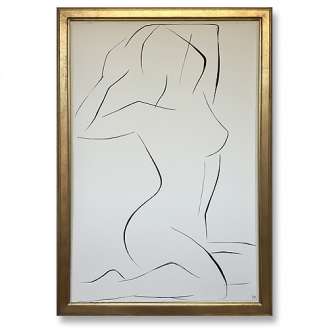 Large Linear Nude Pose No.27 Gouache on Handmade Paper in Gold Gilt Frame (B933)