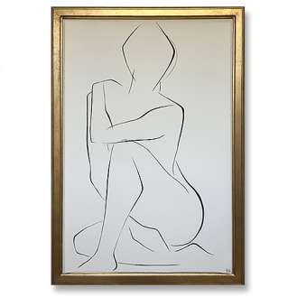 Large Linear Nude Pose No.28 Gouache on Handmade Paper in Gold Gilt Frame (B934)