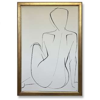 Large Linear Nude Pose No.29 Gouache on Handmade Paper in Gold Gilt Frame (B935)