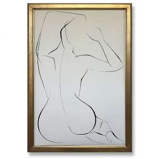 Large Linear Nude Pose No.30 Gouache on Handmade Paper in Gold Gilt Frame (B936)