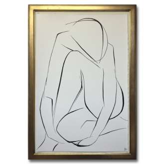 Large Linear Nude Pose No.31 Gouache on Handmade Paper in Gold Gilt Frame (B937)
