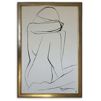 Large Linear Nude Pose No.32 Gouache on Handmade Paper in Gold Gilt Frame (B938)