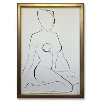 Large Linear Nude Pose No.35 Gouache on Handmade Paper in Gold Gilt Frame (B941)