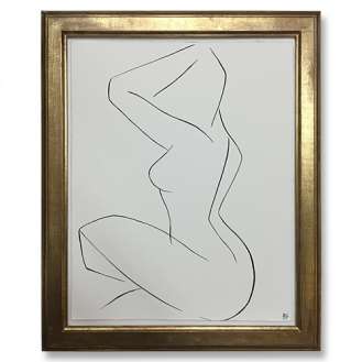 'Nude Pose' no.42 Gouache Linear on Handmade Paper in Gold Gilt Frame (B978)