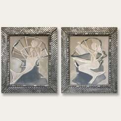 PAIR ‘Mermaid with Pearl’ L & R Study Acrylic & Gouache on Board in Carved Wood Fishscale Silver Gilt Frames (B1010)