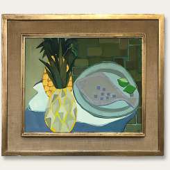 ‘Fish and two Pineapples’ Gouache + Acrylic on Board in 1950s Original Gold & Gilt & Hessian Frame (B1011)