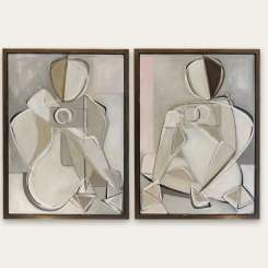 PAIR 'Sitting Blonde & Brunette with Rose Quartz ‘o' Oil & Acrylic on Board in Antique Brass/Bronze Finish Shadow-Gap Tray Frames (B1107)