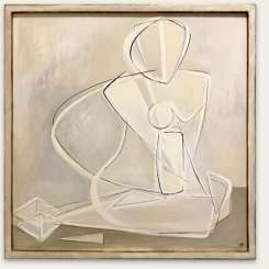 ‘White Cake Sitting Muse’ Oil, Acrylic & Gouache on Board in Bespoke Polished Plaster & Gold Leaf with Bronze Finish Wooden Frame (B1113)