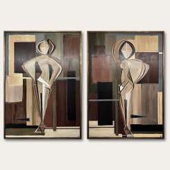 PAIR ‘Garnet Standing Muse’ & ‘Tourmaline Dancing Muse’ Oil & Acrylic on Board in Gold Leaf with Bronze finish Shadow-Gap Tray Frame (B1131)