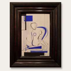 'Figure in Blue' Oil and Acryllic on Board in Cream/White Frame (B230)