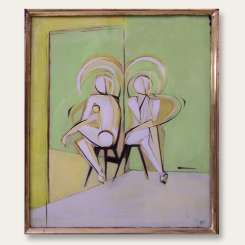 'Yellow Seated Showgirl' Gouache on Board under Glass in Old Frame (B275)