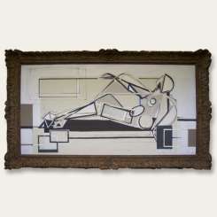 Pointing Toes on Couch in Blue & Taupe in Antique Frame (B340)