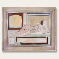 'Brunette Sunbather with Yellow Butterfly' Oil & Acrylic on Board in Modern Painted & Silver Gilt Frame (B408)