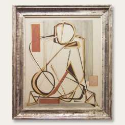 'Man Ray Figure in Brown' Right Study of PAIR Gouache on Board in Antique Silver Water Gilt Frame (B416)