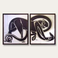 'Rupert's Homage to Jouve' Gouache on Board in Black Lacquer and Silver Frames 71cm x 81cm each (B491)