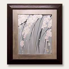 'Falling Blossom' Gouache on Board in Black/Brown Lacquered Frame (B499)