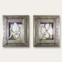 PAIR 'Study of Magnolia and Orchid', Oil & Acrylic on Board in Silver Gilt Foliate Frame (B517)