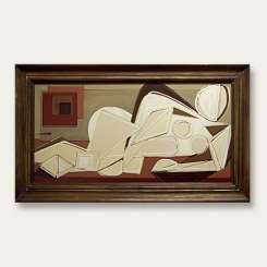 'Reclining Nude on Red Earth' Oil & Acrylic on Board in 1960s Gold & Bronze Frame (B522)