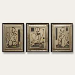 Triptych 'Three Graces' Oil & Acrylic on Board in Silver Gilt & Black Lacquer Modern Frames (B549)
