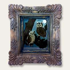 MINIATURE 'The Midnight Owls', Oil & Acrylic on Board in Gold/Cream Ornate Wooden Frame (B631)