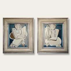 PAIR 'Sitting Pretty with Sapphire & Turquoise O' Oil & Acrylic on Board in Cream and Silver Gilt Finish Frames (B676)