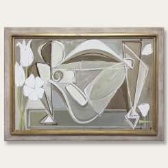 'Reclining Nude with Princess Tulips' Oil & Acrylic on Board in Cream & Gold Leaf Frame (B798)