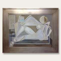 'Reclining Nude with Seaside Snowglobe' Oil & Acrylic on Board in Deco Style Antiqued Silver Leaf Frame (B802)