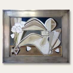 'Reclining Belle with Peonies' Oil & Acrylic on Board in Silver Gilt Antique Wooden Frame (B810)