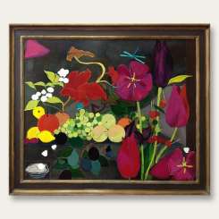 'Still Life with Dragonfly & Pearl Oyster' Oil & Acrylic on Board in Bronze & Gold Leaf Finish Frame (B814)