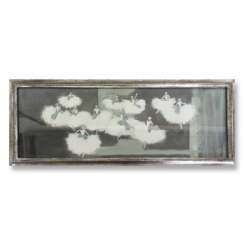 'Swan Lake' Oil Gouache & Acrylic on Board behind Glass in Bespoke Silver Gilt wooden Frame (B852)