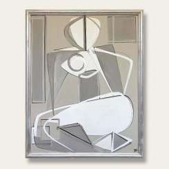 'Ines' Gouache & Acrylic on Board Behind Glass in Silver Gilt Wooden Frame (B867)