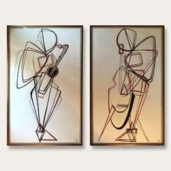 PAIR “Mr Saxaphone’ & ‘Mr Bass’ Gouache on Paper in Gold/Bronze Finish frames (B885)