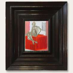 ‘Girl on Perspex Box’ Gouache & Acrylic on Board in Antique Basque Carved Oak Frame (B945)