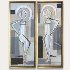 PAIR ‘Dancer’ Left & Right Study Gouache on Board in Gold/Bronze Presentation Frame behind Glass (B961)