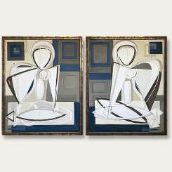 PAIR ‘Beach Bathers with Blue Berry O’ L& R Study Oil & Acrylic on Board in Gold Gilt Frames (B997)